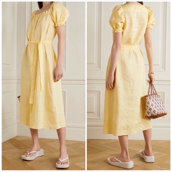 NEW SLEEPER Brigitte Linen Button Down Puff Sleeve Belt Pale Butter Yellow Dress - Picture 1 of 10